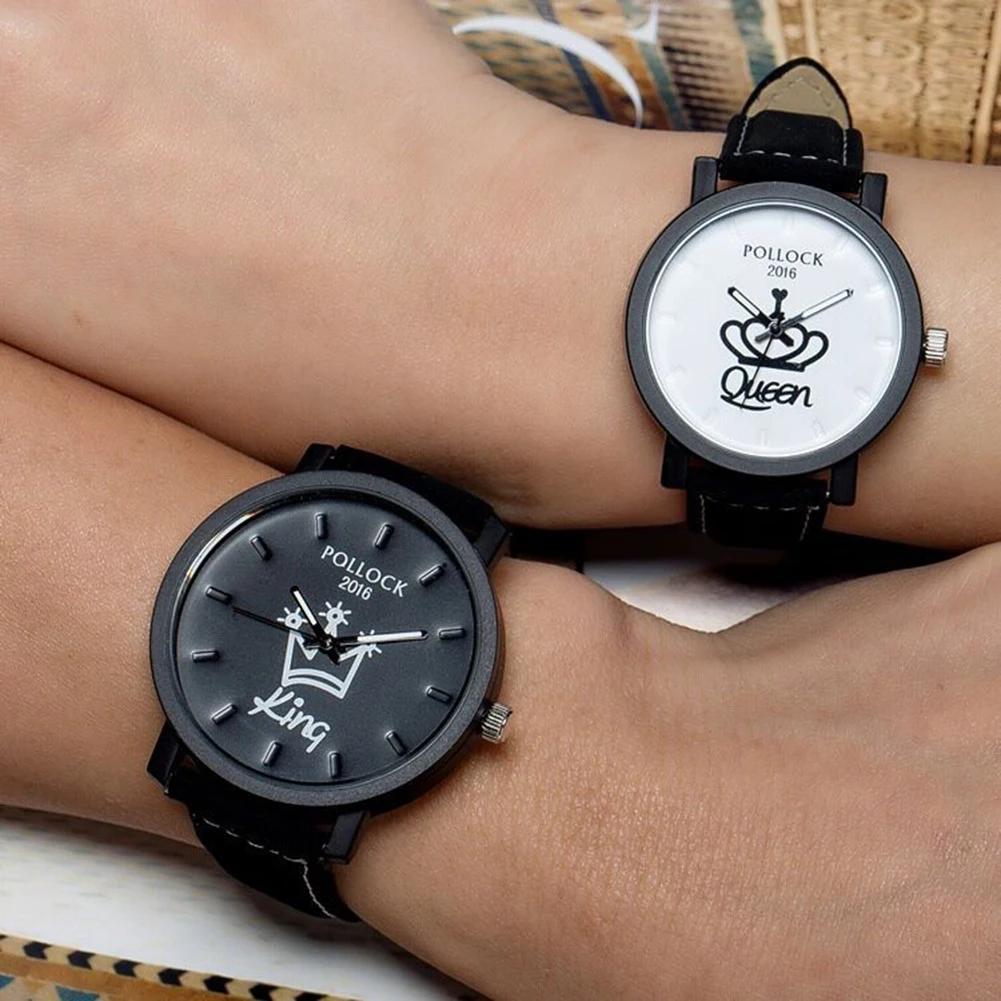 Новые пара Королева Король Корона Fuax Кожа аналоговые кварцевые наручные часы хронограф 2017 Wom reloj mujer
