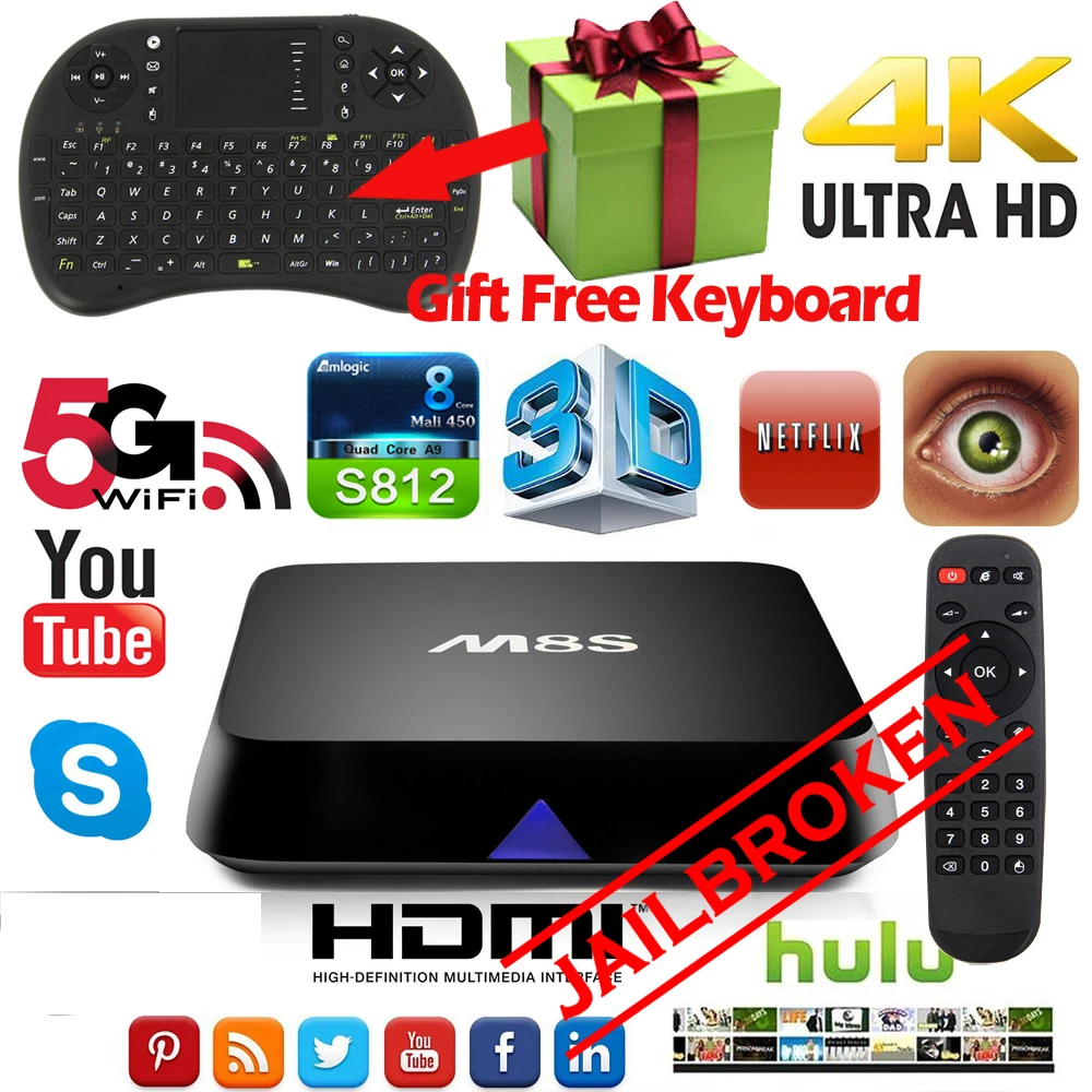 M8S Android JAILBROKEN TV Box Quad Core 4K 2G/8G Wifi HDMI Media Player
