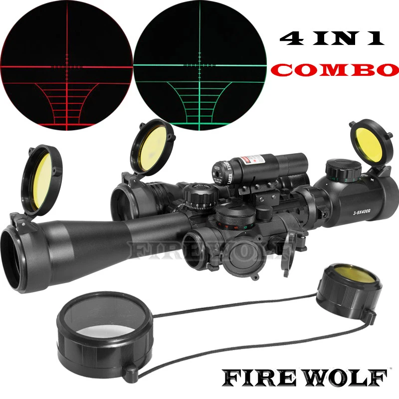 

FIRE WOLF Riflescope Optics Compact Combo 3-9x40EG Rifle Scope + Laser Sight + M1 Red Dot + CREE T6 LED Flashlight