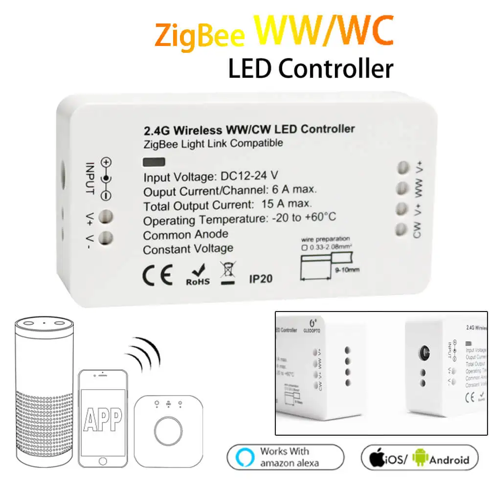 ZIGBEE двойной белый ZLL светодиодный контроллер RGBW RGB + CCT 15A DC12V/24 V диммер