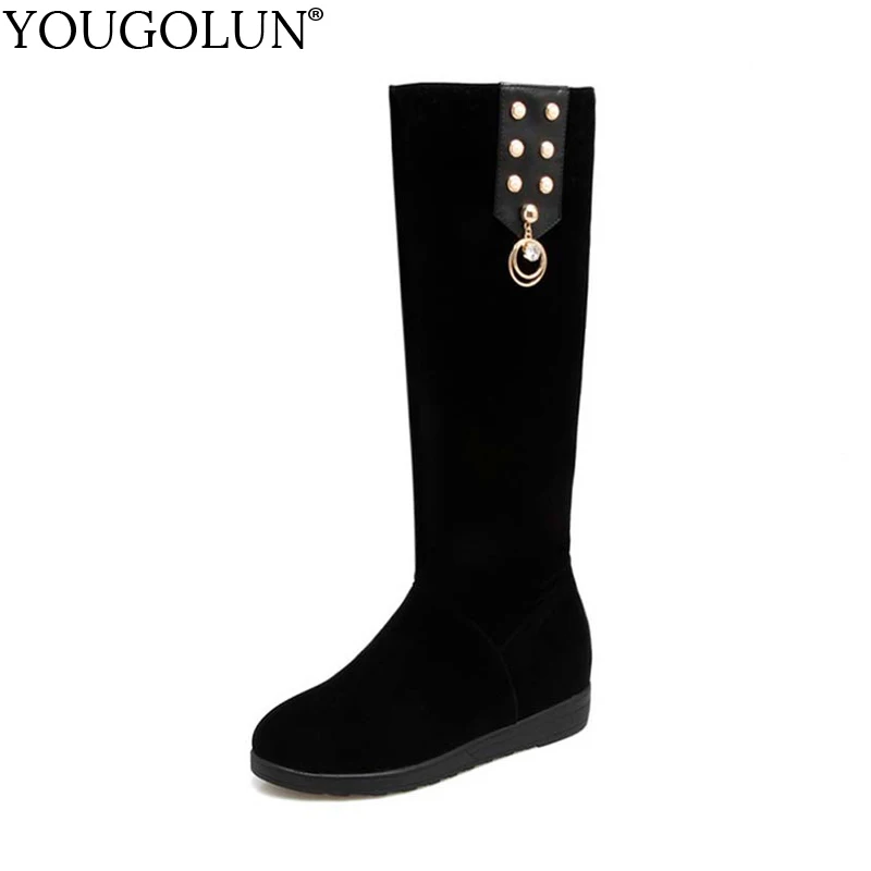 

YOUGOLUN Beading Knee High Boots For Women Autumn Winter Ladies Flock Wedges Heel 2 cm Womens Metal Style Black Shoes #Y-193
