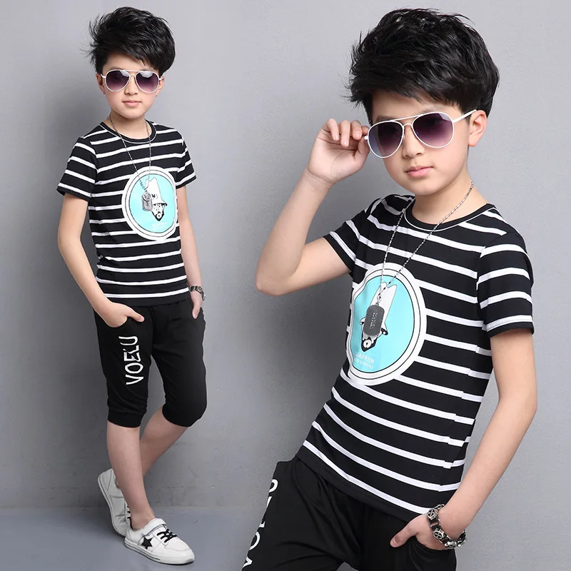Summer Kids Clothes Short Sleeve Pullover Striped Shirt + shorts Pants Children Sports Suit Big
