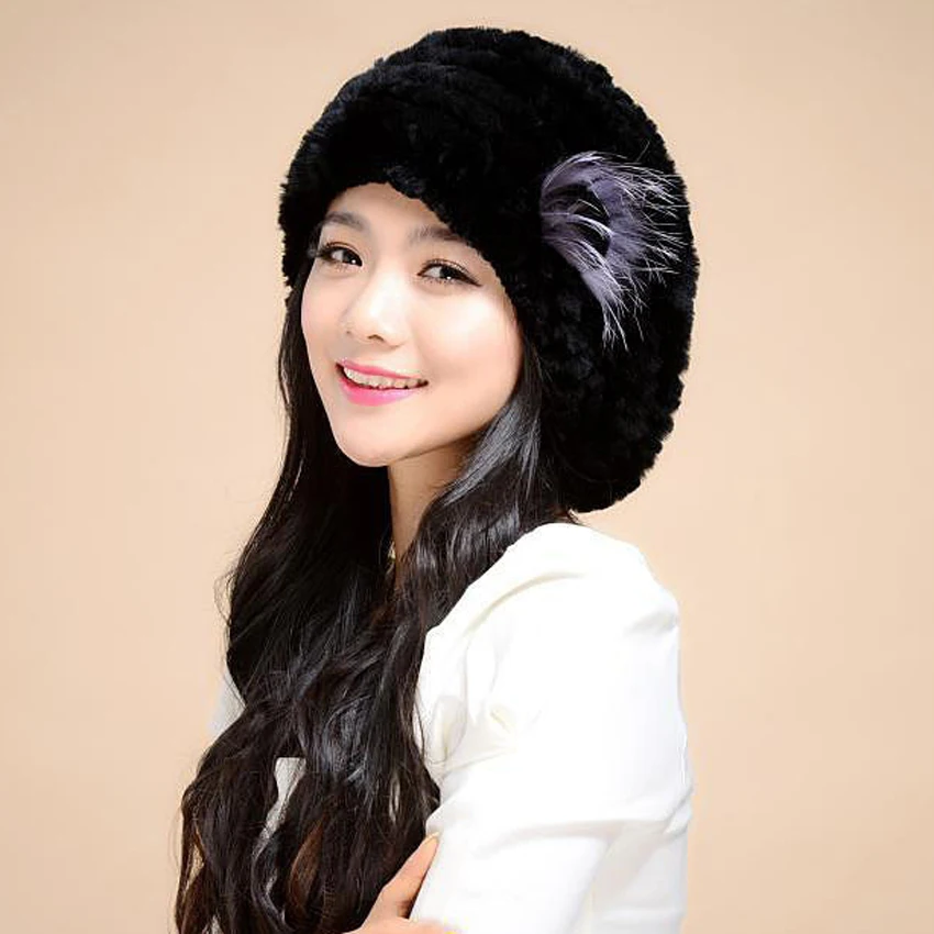 

YCFUR Winter Warm Berets Hats For Women Handmade Knit Real Rex Rabbit Fur Hats Caps With Silver Fox Fur Flower Beret Ladies