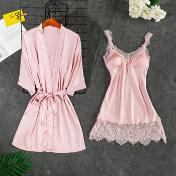 

women satin silk pajamas homewear cloth sexy sleepwear nightgown robe nightwear 2 piece set
