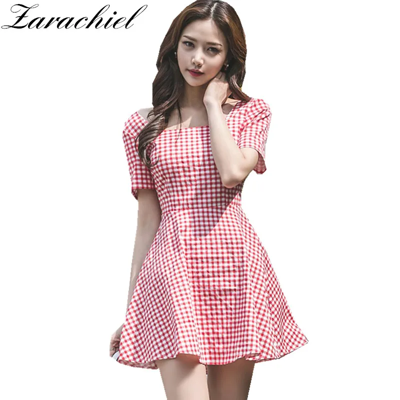 

Backless Bow Sexy Dress Women ties up at the back Ruffles Short Sleeve Cotton Summer Dress 2019 Vestidos Red Plaid Mini Dress