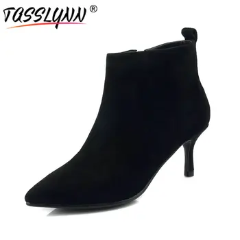 

TASSLYNN 2018 Women Ankle Boots Kid Suede Pointed Toe Autumn Spring Woman Shoes Thin High Heels Western Black Women Shoes 34-39
