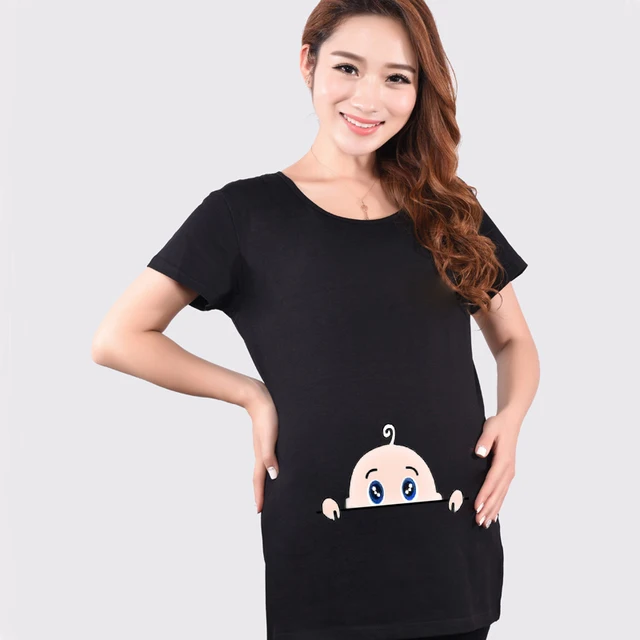 Maternity Funny Baby Peeking Out T Shirt Summer Hot Red Grey Tops Tees