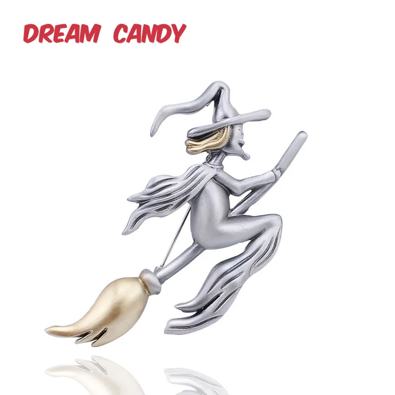 Dream Candy, винтажные металлические броши ведьмы для женщин, эмалированные булавки, метла, брошь, креативное ювелирное изделие, аксессуары для свитера
