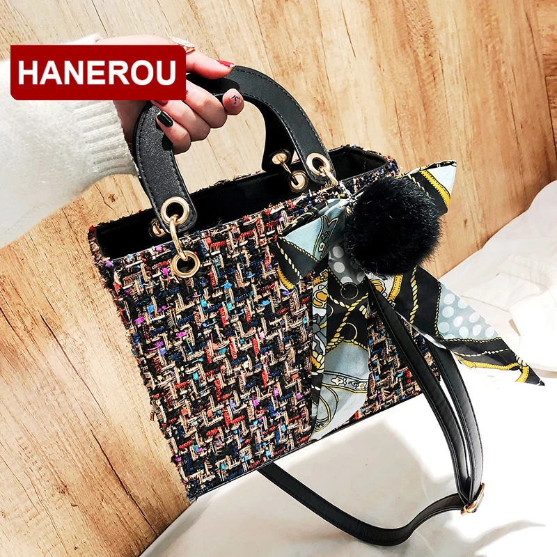 

HANEROU Women Plaid Wool Handbag Patchwork Women Bags Hairball For Hand Bag Small Female Tote Bags Sweet Shoulder bags For Girls