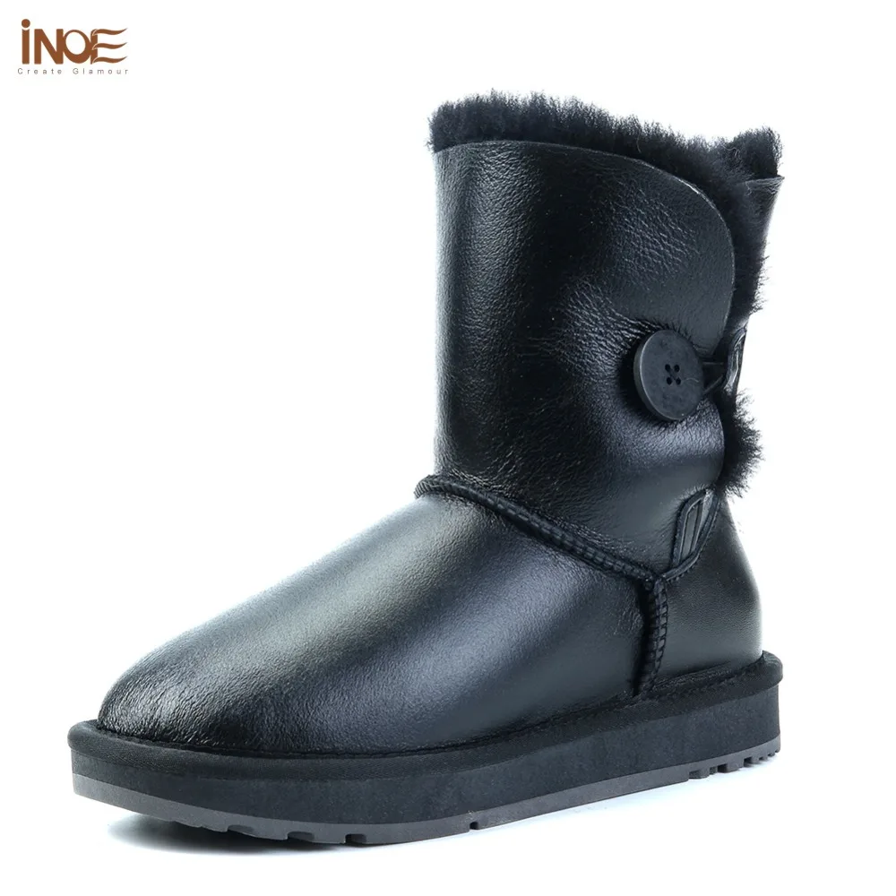 Online Botas de invierno impermeables a media pantorrilla INOE para mujer con botón de piel de oveja para esquilar forrado de piel y lana botas de nieve para mantener los zapatos calientes