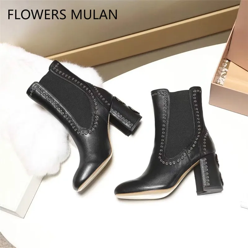 

Fashion Rivtes Women Ankle Boots Genuine Leather Chunky High Heels Motorcycle boots Runway Party Outdoor Shoes zapatos de mujer