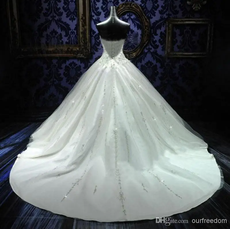  Real Image Bling 2014 Wedding Dresses With Sweetheart Beads Crystals A Line Court Train Tulle Luxury Bridal Gowns White Ivory New Customed