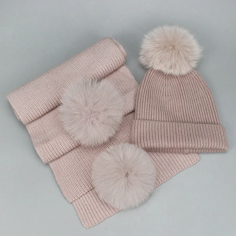 Winter Beanies Fox Pompom Fur Wool Knitted Hat The Female Of The Mink Caps Beanie Hats For Women Girl 'S Hats Scarves Cap Scarf - Цвет: Pink