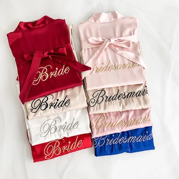 

Solid Bride Robe Bridesmaid Robes Wedding Bathrobe Female Embroidery Robe Women's Satin Robe Plus Size Robes Silk Gowns Woman
