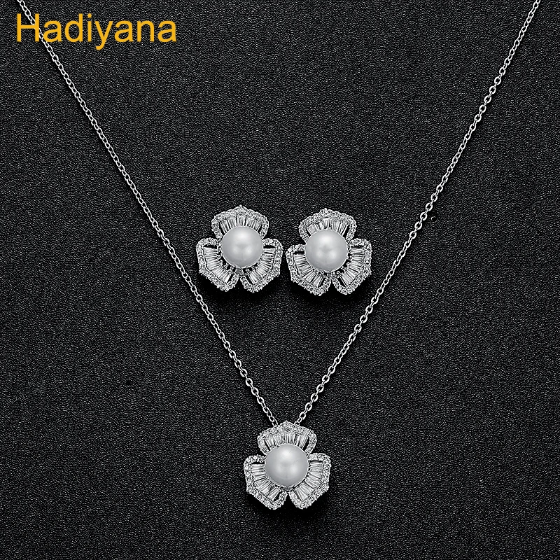 

HADIYANA Rectangular Zircon Pearl Necklaces And Earrings 2pc Sets For Women Copper Necklace Jewelry Set Party Adjustable CN189