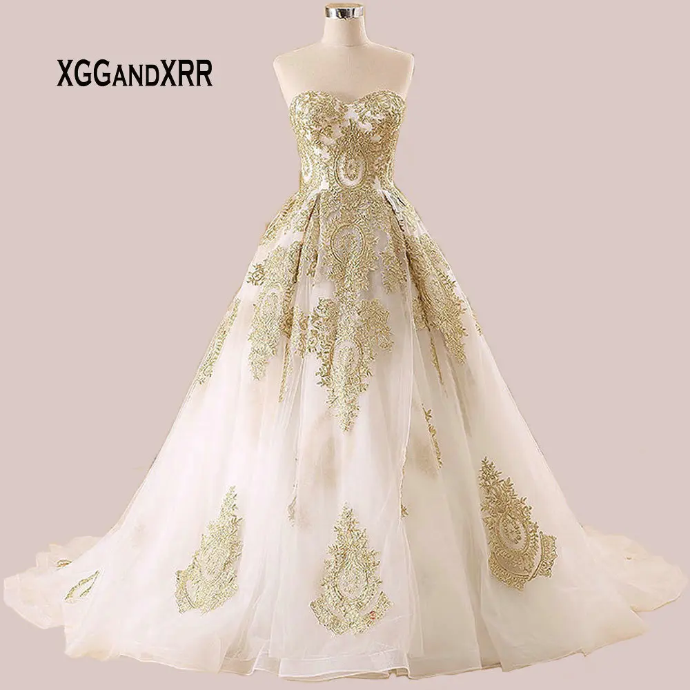 

IM214 Sexy Sweetheart Golden Lace Applique Ball Gown Wedding Dress Luxury Champagne Bride Dresses 2018 Red vestido de noiva