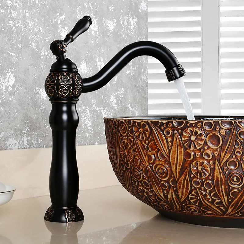 

Bathroom Basin Faucet Carved Brass Black Oil Brushed Bathroom Faucet Single Handle Cold Hot Sink Mixer Tap Wash Basin Water Tap