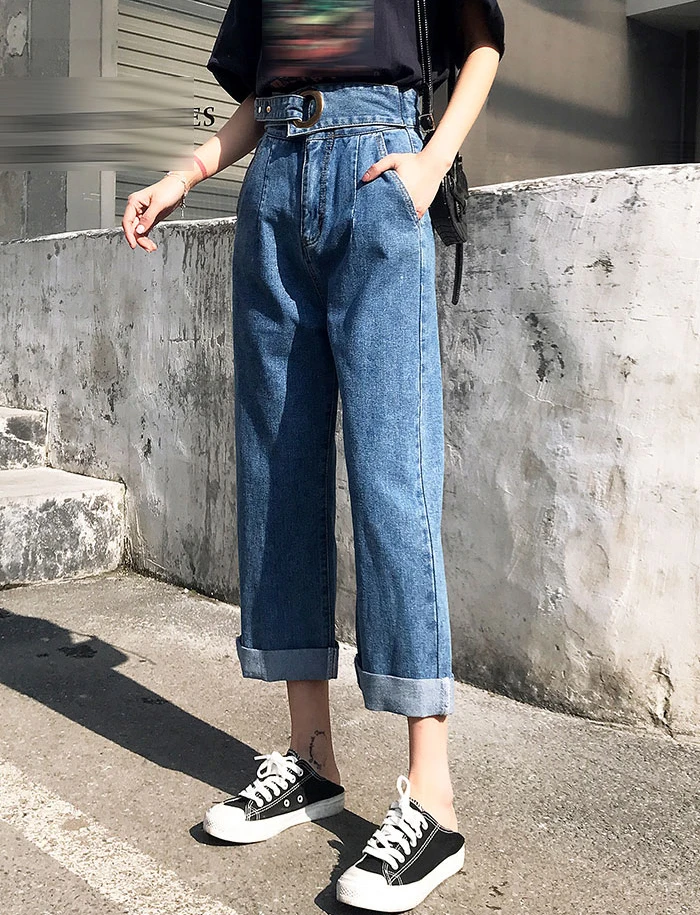 2019 Весенние новые ретро широкие джинсы с высокой талией Модные женские тонкие однотонные свободные прямые повседневные брюки