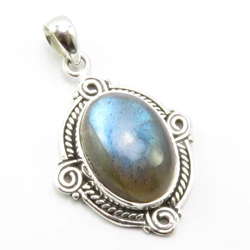 

India Unique Designed Natural Labradorite Antique Style Pendant 1.6" Art Gem stone