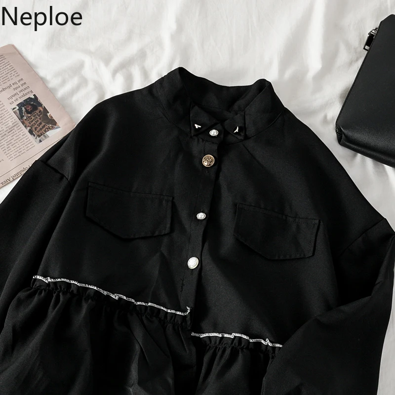 Neploe винтажные черные рубашки женские с асимметричным подолом с оборками блузки с длинным рукавом Свободные негабаритные уличные Топы весенние корейские блузки
