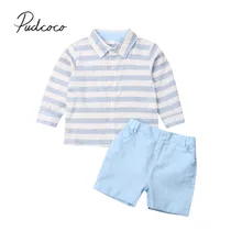 Коллекция года, весенне-осенняя одежда для малышей От 3 до 8 лет рубашки в полоску с длинными рукавами для маленьких мальчиков синие шорты на пуговицах, комплекты одежды