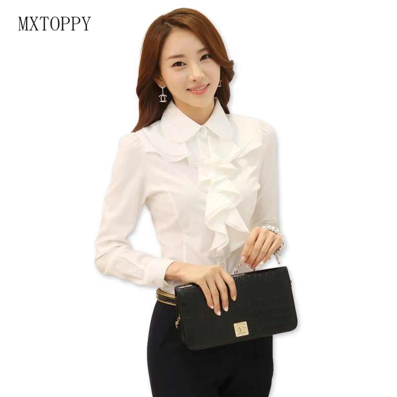 Najtaniej 2018 New Arrivals Koreański Styl Urząd Pracy Wear Fashion Elegancki Ruffles Kobiety Biała Bluzka Czarny Body Koszula Z Długim Rękawem