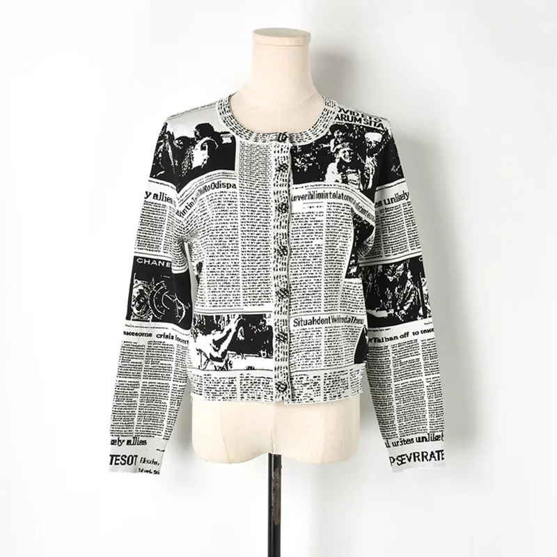 

High Quality Sweater for Women Runway Designer O Neck Poster Printed Single Breasted Knitted Cardigans