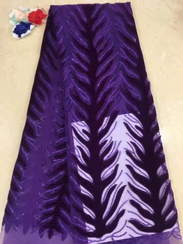 

2018 African purple Velvet Sequins Tulle Lace Fabric