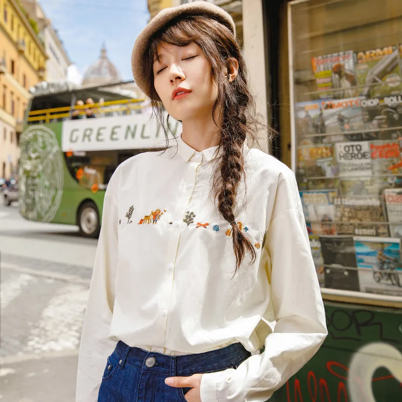 

INMAN Autumn Irregular Turn Down Collar Plant Embroidery Long Sleeve Blouse