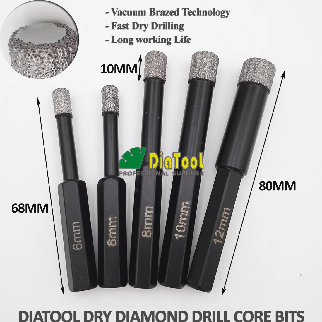 DIATOOL 5pcs/box Dry drilling bits with Hex Or Round Shank 6/6/8/10/12mm Drill Bits For Ceramic Tile Granite Concrete