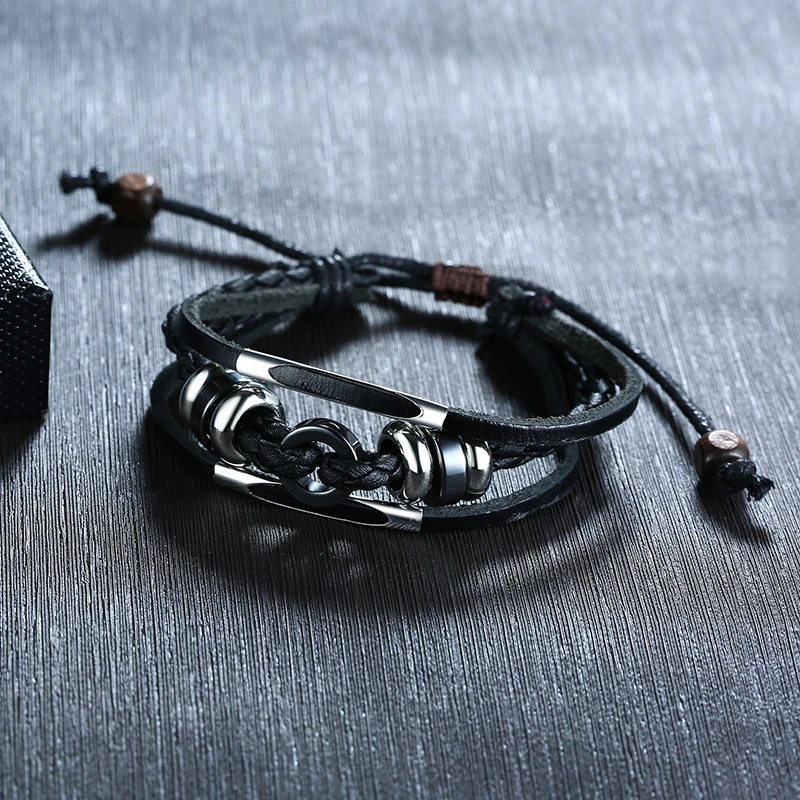 

Vantge Mulitilayer Leather Bracelet For Women Men Black Braided Adjustable Wrap Accessories