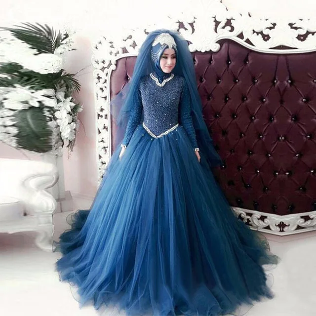 Ksd764 Elegant Dark Blue Long Sleeve Lace Muslim Wedding Dresses Ksd764 Elegant Dark Blue Long Sleeve Lace Muslim Wedding Dresses Plus Size 2017 High Neck