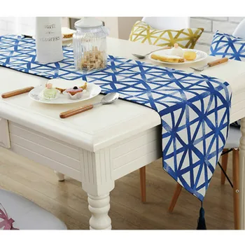 

DUNXDECO Table Runner Linen Cotton Blend Party Table Cover Fabric Modern Art Geometric Blue Green Lines Home Decoration