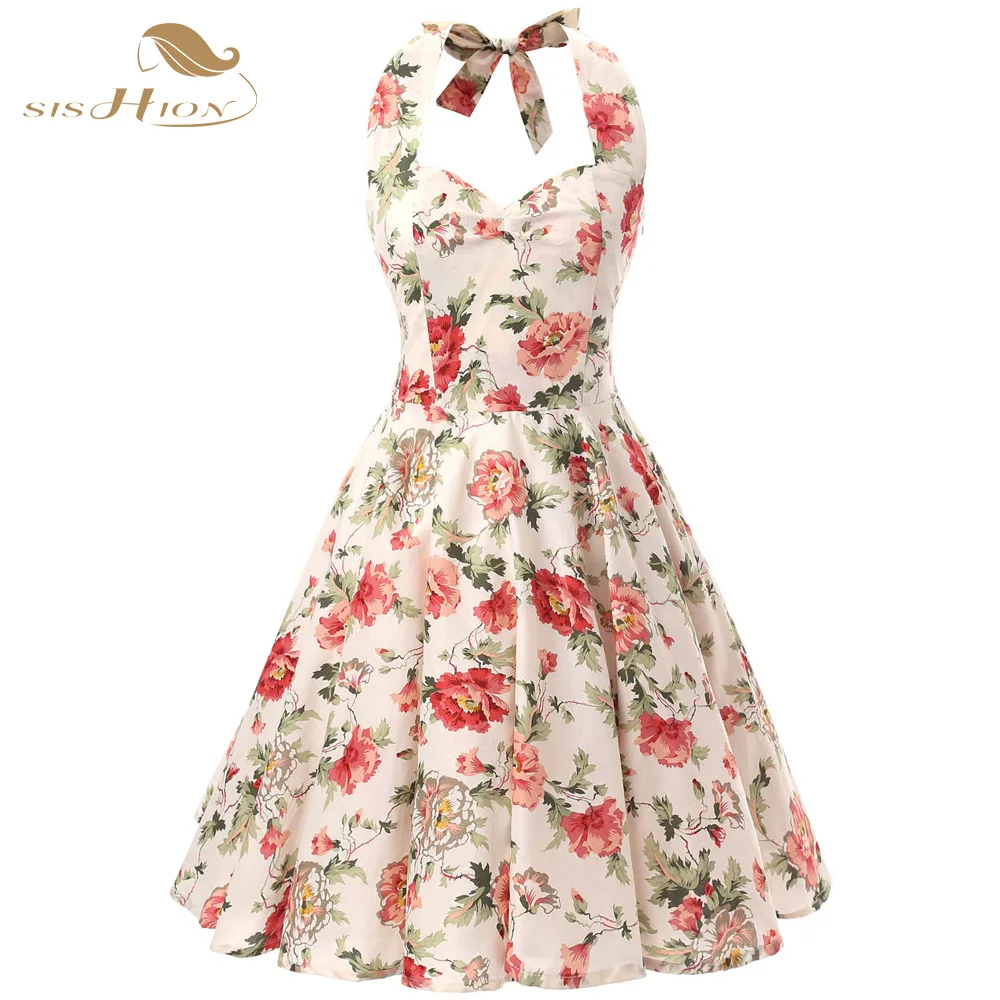 Sishion 100 Cotton Halter Rockabilly Summer 50s 60s Retro Vintage Dresses Floral Print Swing 