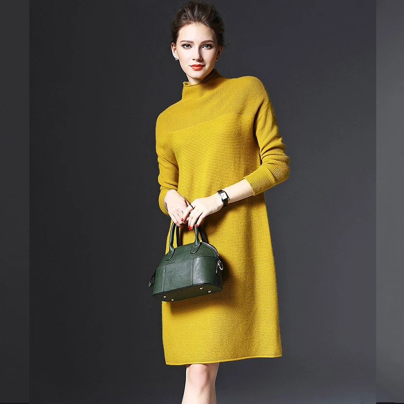 

Long Sleeve Women Dress Fashion 2018 Turtleneck New Vintage Plus Size Dress Knitted Dress Office Lady Female Vestidos Drop Ship
