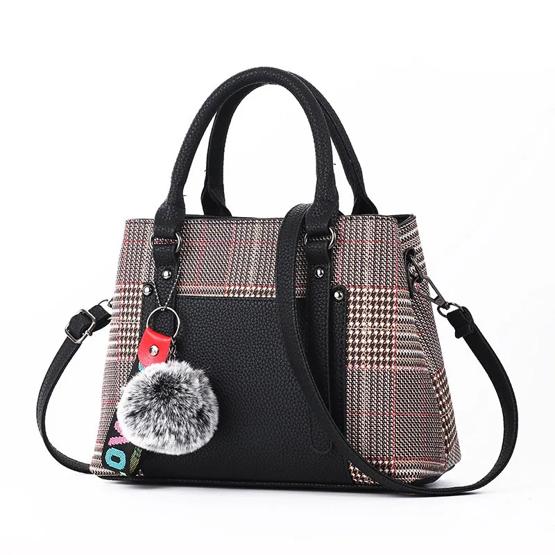Women Leather Lattice Handbag Female Hairball Crossbody Shoulder Bags Lady Fashion Messenger Tote Top-Handle Purse Sac SS7256 (21)