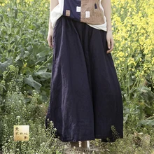 Ретро Темно-синяя хлопковая льняная арт макси юбка женская летняя юбка