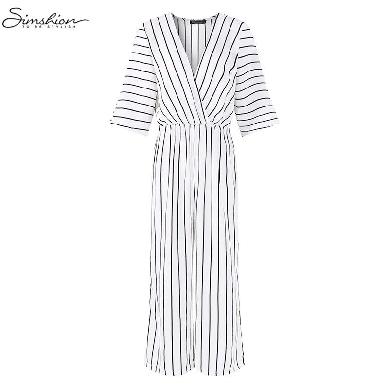 Fashion Women Wide Leg Jumpsuit 2018 Summer Casual Pant V-neck Short Sleeve Striped Romper Trouser Office Long Playsuit Bodysuit