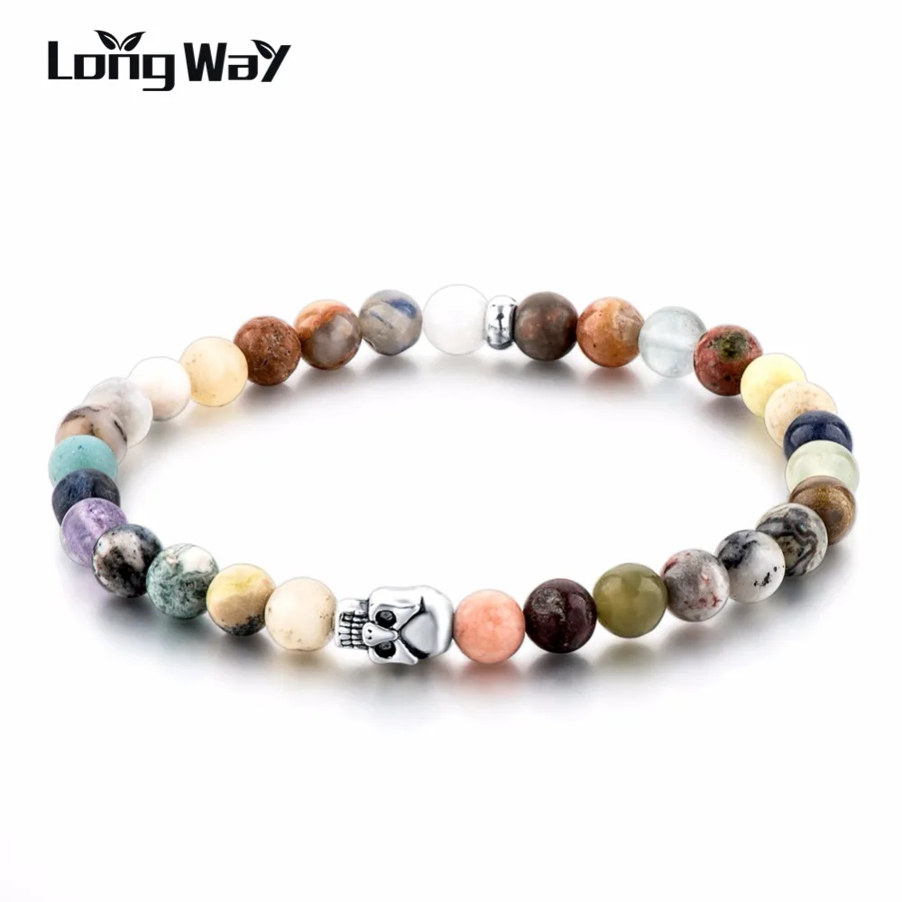 Многоцветные браслеты LongWay 6 мм с натуральными камнями череп серебряного цвета
