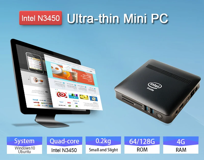 Мини ПК настольный компьютер Лицензия Windows 10 Linux Ubuntu все в одном Intel N3450 4 Гб ОЗУ 64
