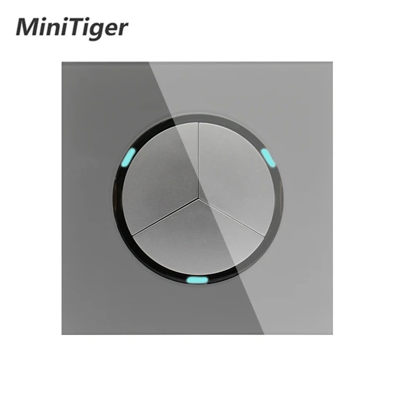

Minitiger New Arrival Crystal Glass Panel 3 Gang 1 Way Gray Random Click On / Off Wall Light Switch With LED Indicator