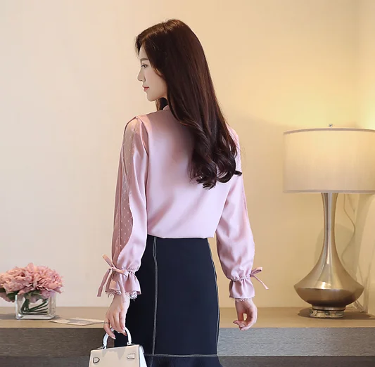  Dingaozlz 2018 autumn New Women Lace blouse Blusa Patchwork Mesh Lace Tops Long sleeve White Pink C