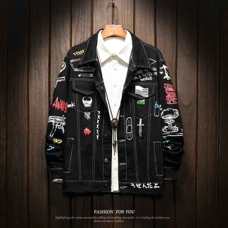 

Men Denim Jacket Men's Graffiti Hip Hop Cowboy Jackets Fashion Male Jacket Turn-down Collar Cotton Outwear Ripped 2019