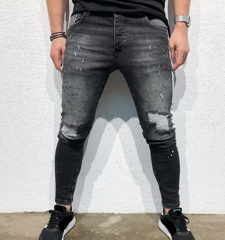 

Mens Skinny Ripped Jeans Slim fit Stretch Denim Pants High Waist Striped Distress Frayed Biker Jeans