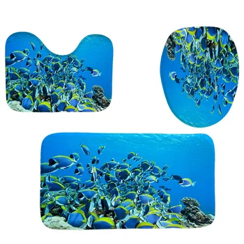 

4Pcs Home Bathroom Decor Set Shoal Of Fish Pattern Toilet Seat Cover Bath Mat Set+Waterproof Shower Curtain