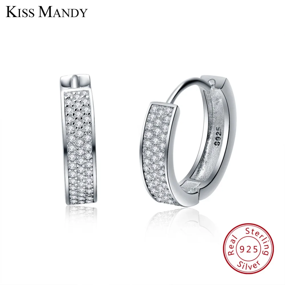 

Kiss Mandy Real 925 Sterling Silver Women Hoop Earrings Small Circle AAA Shiny CZ Female Wedding Engagement Jewelry KSE60