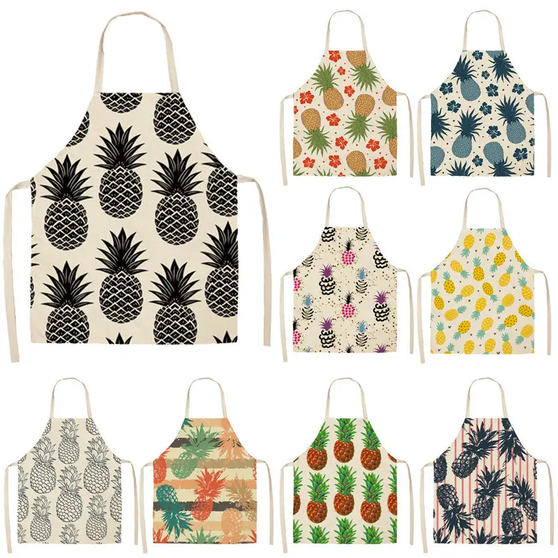 1Pcs Pineapple Pattern Kitchen Aprons for Women Cotton Linen Bibs Household Cleaning Pinafore Home Cooking Apron 53*65cm Q0007