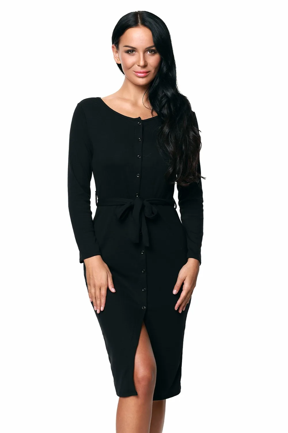 Black-Long-Sleeve-Button-Down-Midi-Dress-with-Sash-Belt-LC61385-2-5
