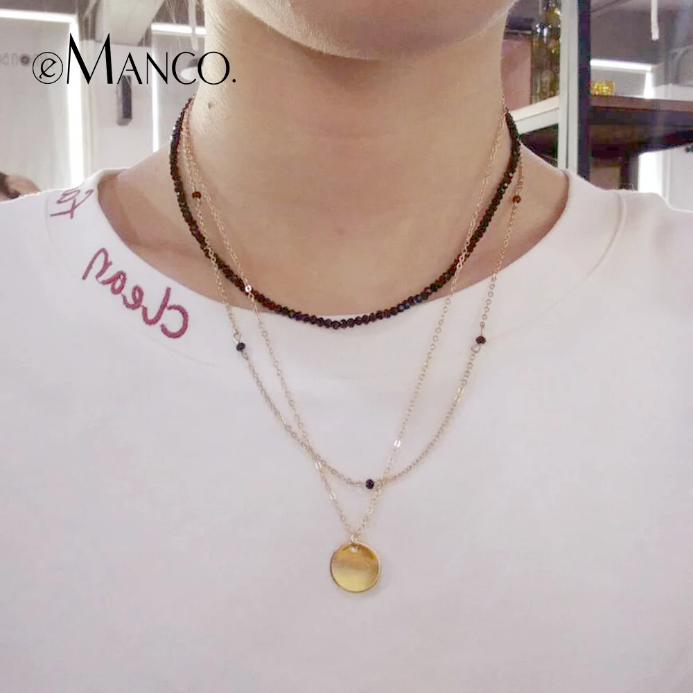 e-Manco Charming Multilayer Choker Necklace Beaded Chain Necklace For Women Copper Gold Color Pendant Necklace Fashion Jewelry