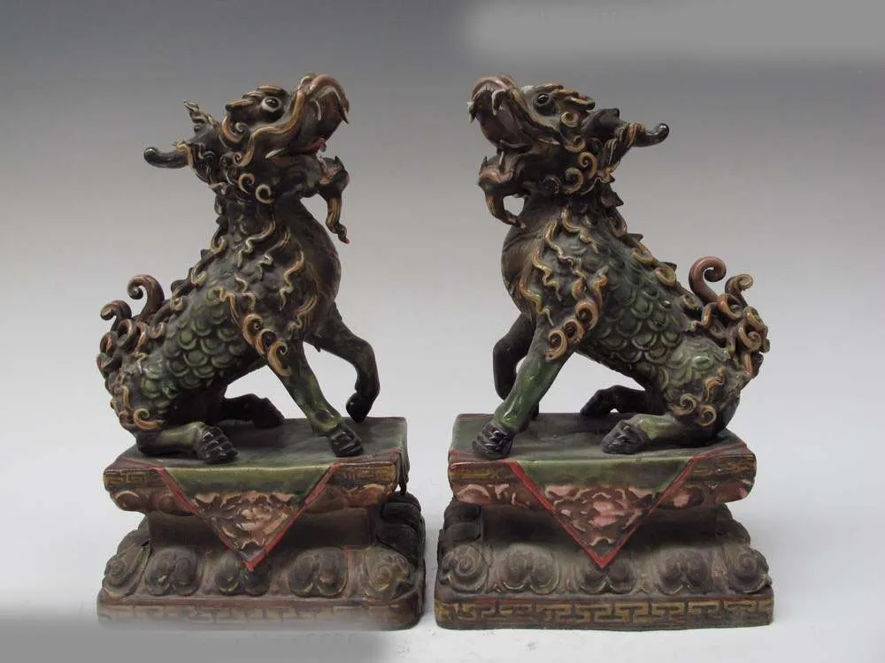 

Pottery WuCai porcelain Feng shui Evil Foo Dog Kylin Kilin Brave troops Pair